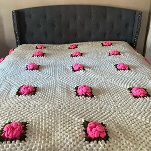 Handmade Crocheted Beige With Pink Flowers Afghan  Cottagecore Shabby Chic